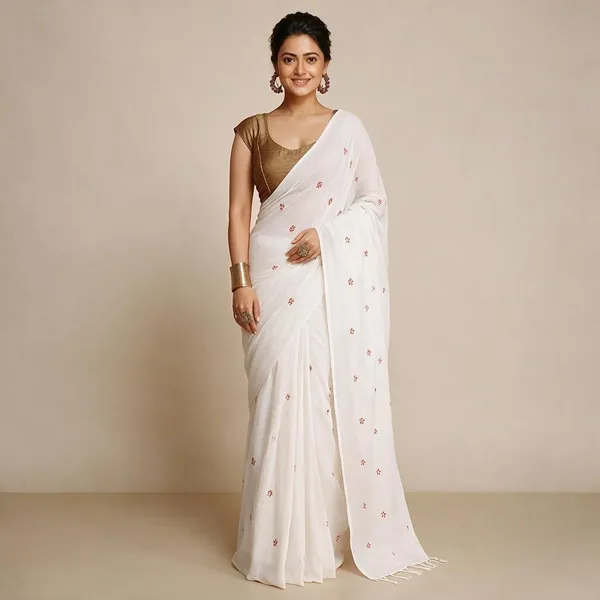 White_Shiuli_Embroidery_Cotton_Saree
