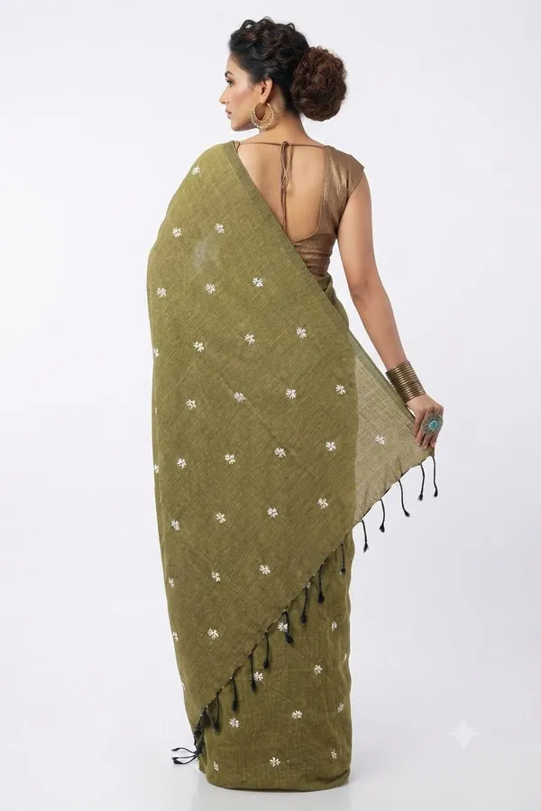 Olive_Green_Shiuli_Embroidery_Cotton_Saree