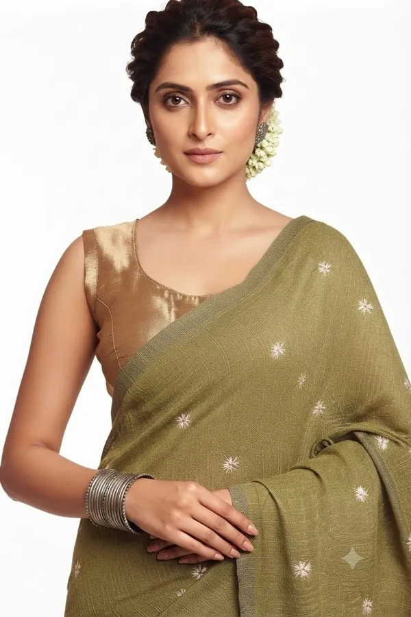 Olive_Green_Shiuli_Embroidery_Cotton_Saree