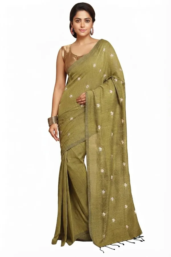 Olive_Green_Shiuli_Embroidery_Cotton_Saree