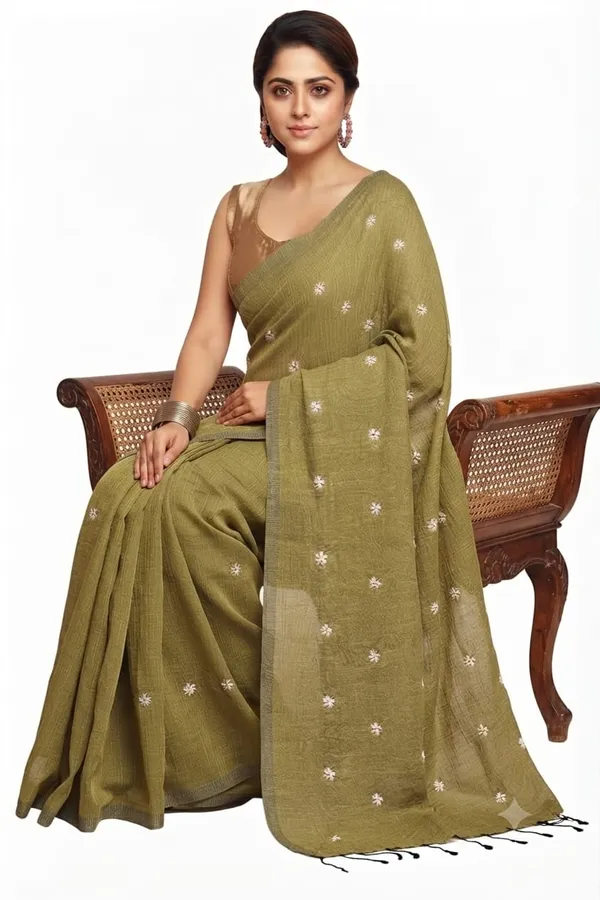 Olive_Green_Shiuli_Embroidery_Cotton_Saree