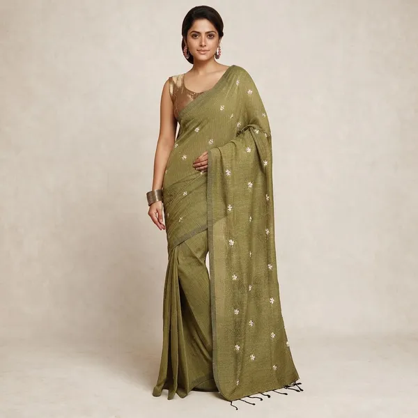 Olive_Green_Shiuli_Embroidery_Cotton_Saree