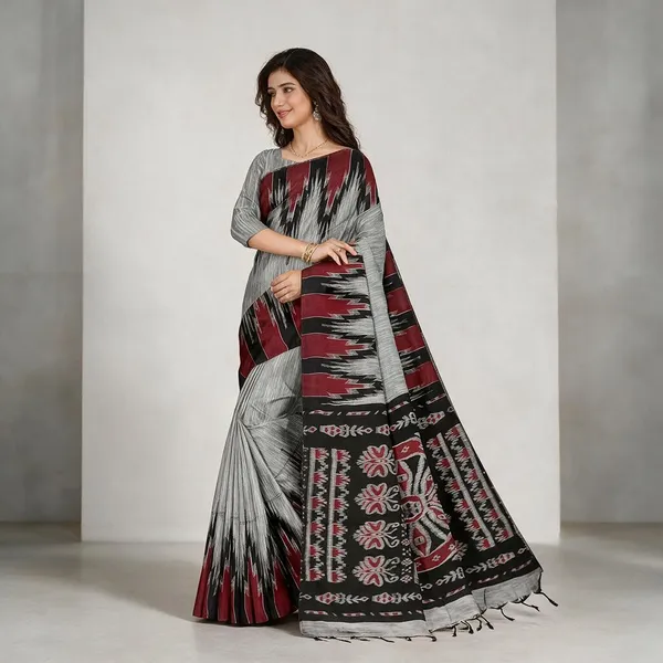 Grey_Sambalpuri_Cotton_Print_Saree