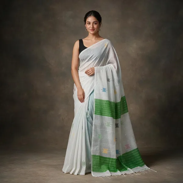 White_Self_Design_Handloom_Cotton_Silk_Saree