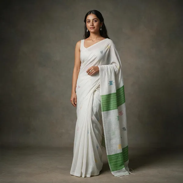 White_Self_Design_Handloom_Cotton_Silk_Saree