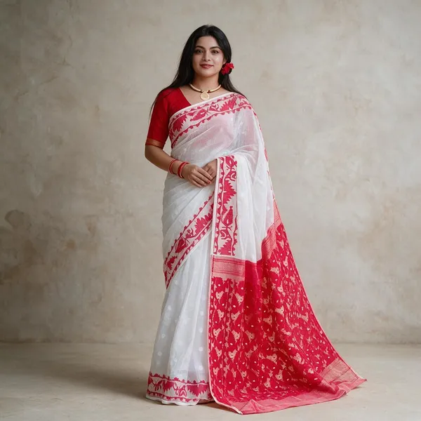 White_Self_Design_Jamdani_Cotton_Silk_Saree
