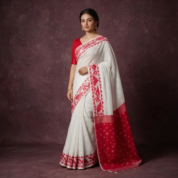 White_Self_Design_Jamdani_Cotton_Silk_Saree