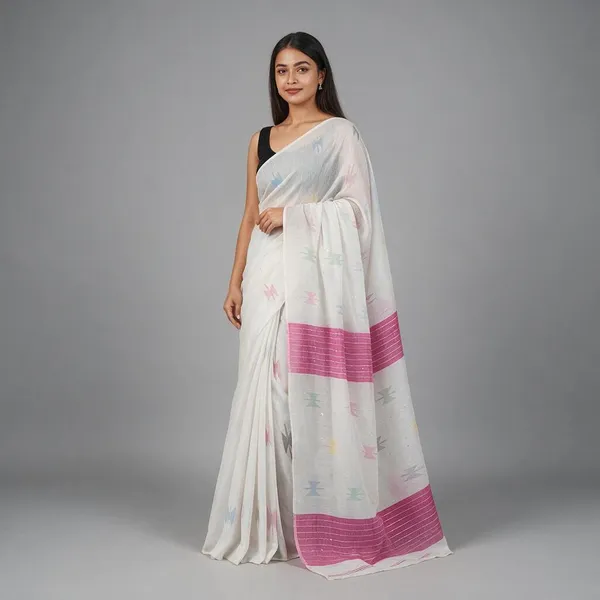 White_Self_Design_Ikat_Cotton_Silk_Saree