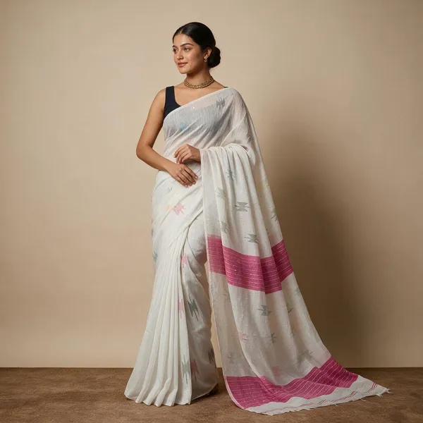 White_Self_Design_Ikat_Cotton_Silk_Saree