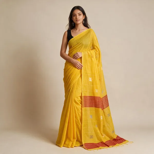 Yellow_Self_Design_Handloom_Cotton_Silk_Saree