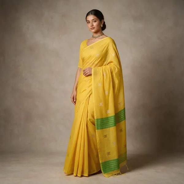 Yellow_Self_Design_Handloom_Cotton_Silk_Saree