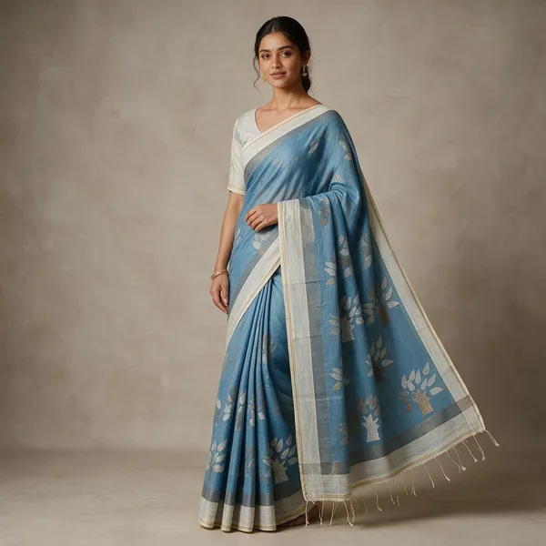 Bluish_Grey_Tree_Handloom_Zari_Work_Cotton_Silk_Saree