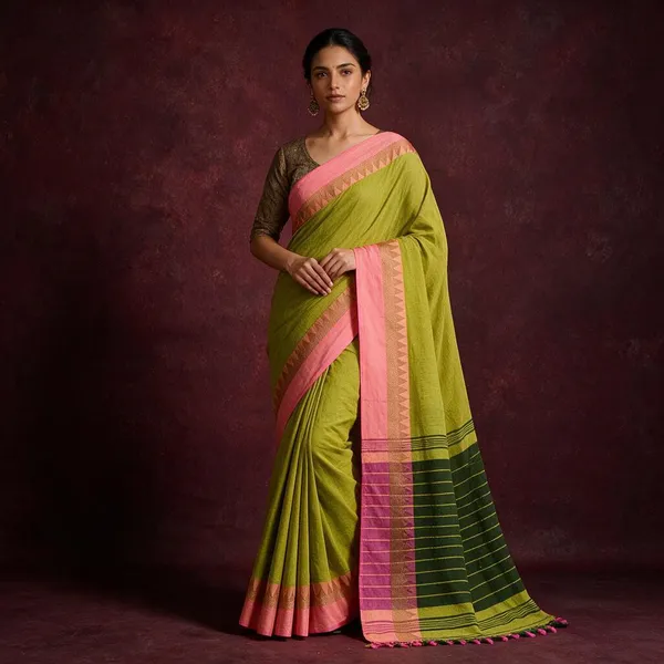 Olive_New_Vomri_Handloom_Cotton_Silk_Saree_With_Net_Pom_Pom