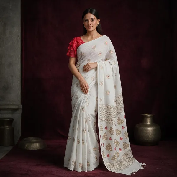 White_Printed_Handloom_Pure_Cotton_Saree