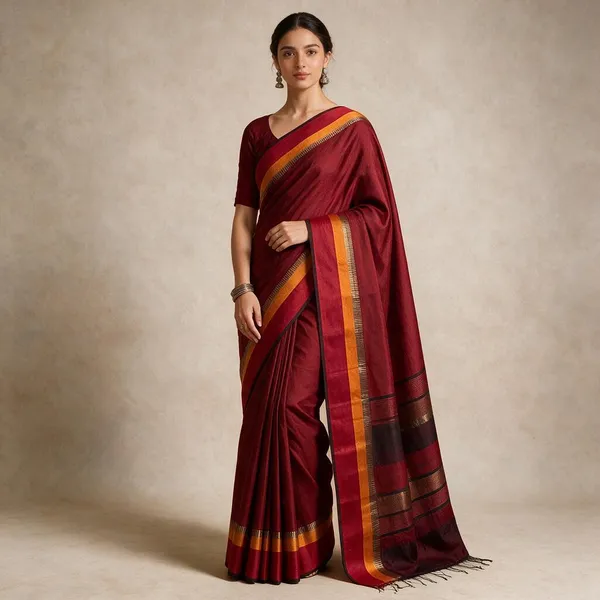 Red_Cotton_Silk_Handloom_Maheshwari_Saree_With_Blouse_Piece
