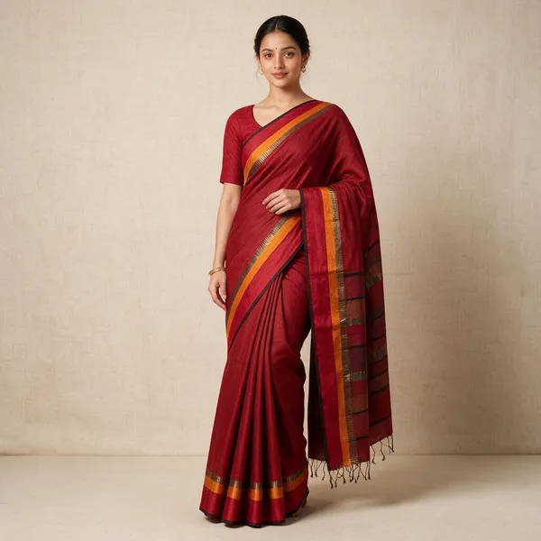 Red_Cotton_Silk_Handloom_Maheshwari_Saree_With_Blouse_Piece