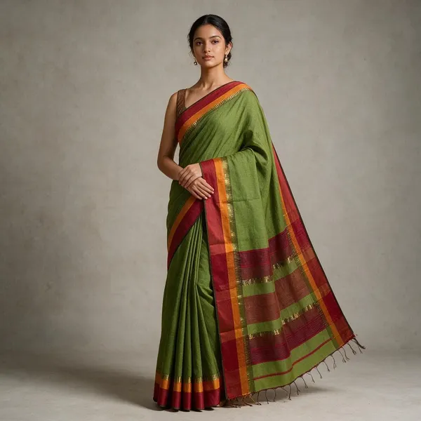 Green_Cotton_Silk_Handloom_Maheshwari_Saree_With_Blouse_Piece