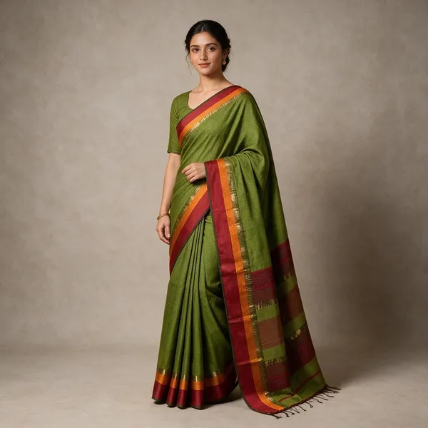 Green_Cotton_Silk_Handloom_Maheshwari_Saree_With_Blouse_Piece
