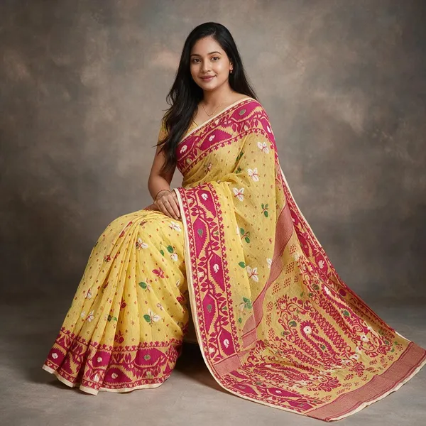 Yellow_Self_Design_Jamdani_Cotton_Silk_Saree