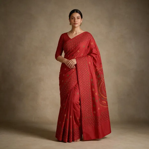Red_Art_Silk_Kantha_Stitch_Handloom_Saree_With_Blouse_Piece