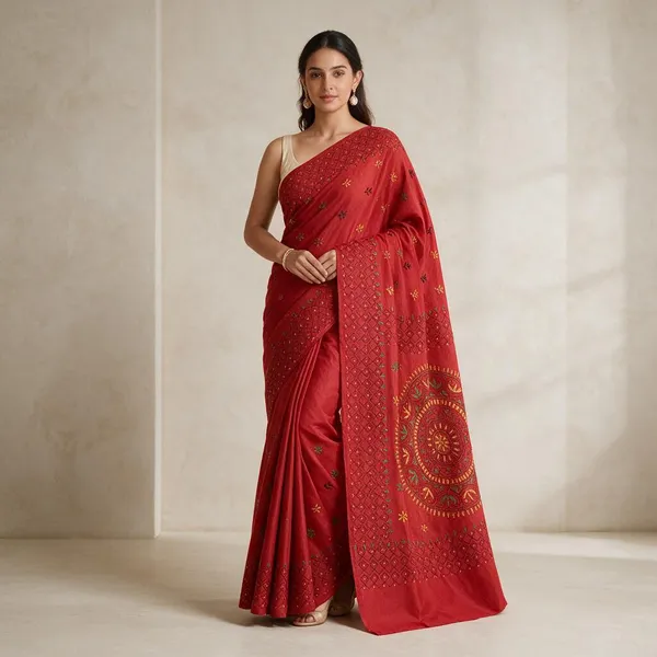 Red_Art_Silk_Kantha_Stitch_Handloom_Saree_With_Blouse_Piece