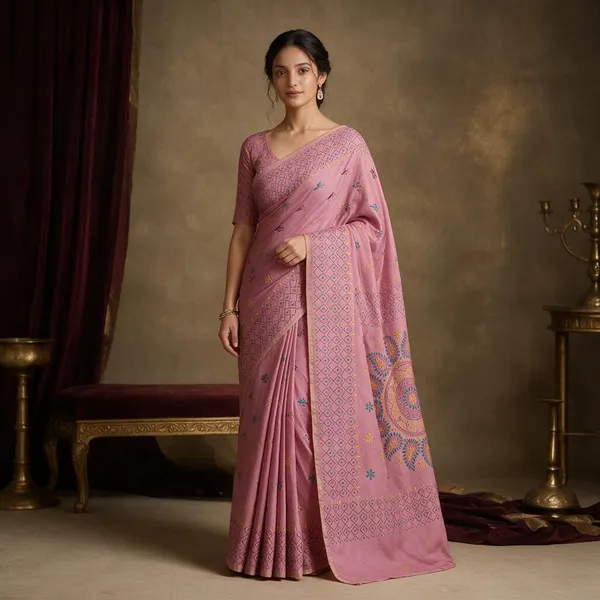 Baby_Pink_Art_Silk_Kantha_Stitch_Handloom_Saree_With_Blouse_Piece