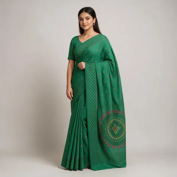 Green_Art_Silk_Kantha_Stitch_Handloom_Saree_With_Blouse_Piece