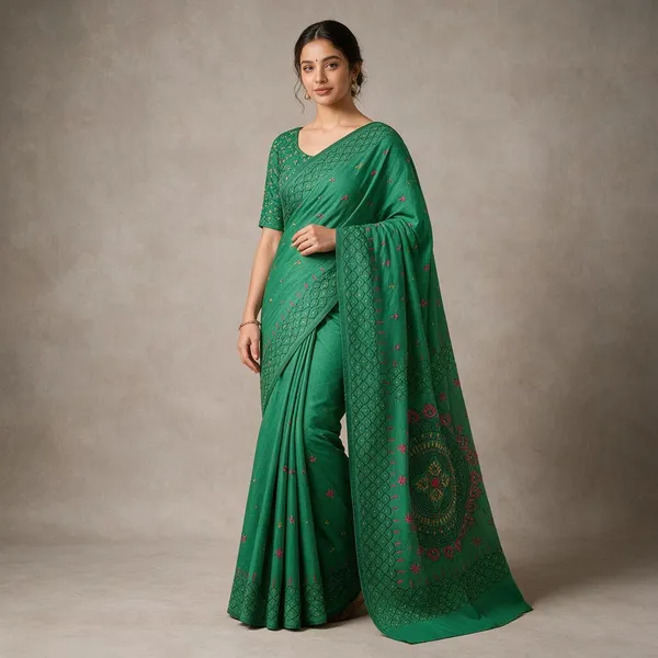 Green_Art_Silk_Kantha_Stitch_Handloom_Saree_With_Blouse_Piece