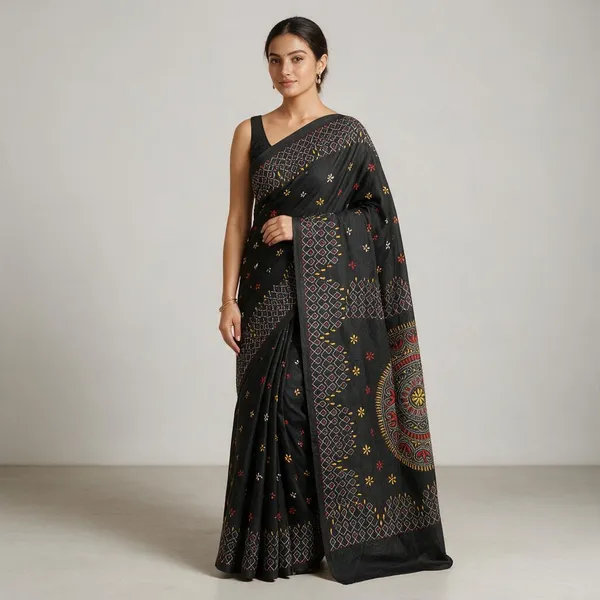 Black_Art_Silk_Kantha_Stitch_Handloom_Saree_With_Blouse_Piece