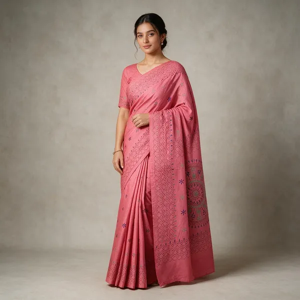 Pink_Art_Silk_Kantha_Stitch_Handloom_Saree_With_Blouse_Piece