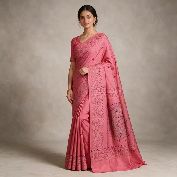 Pink_Art_Silk_Kantha_Stitch_Handloom_Saree_With_Blouse_Piece