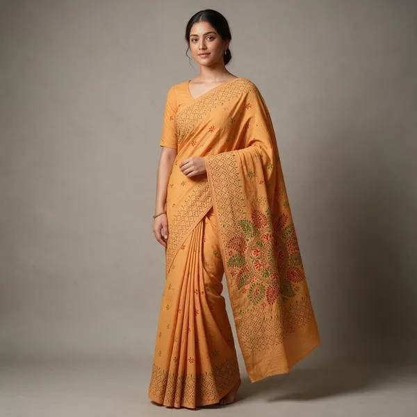 Mustard_Yellow_Art_Silk_Kantha_Stitch_Handloom_Saree_With_Blouse_Piece