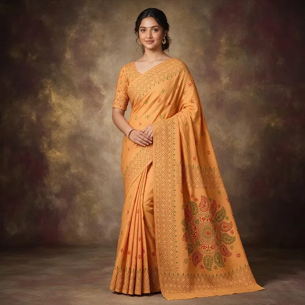 Mustard_Yellow_Art_Silk_Kantha_Stitch_Handloom_Saree_With_Blouse_Piece
