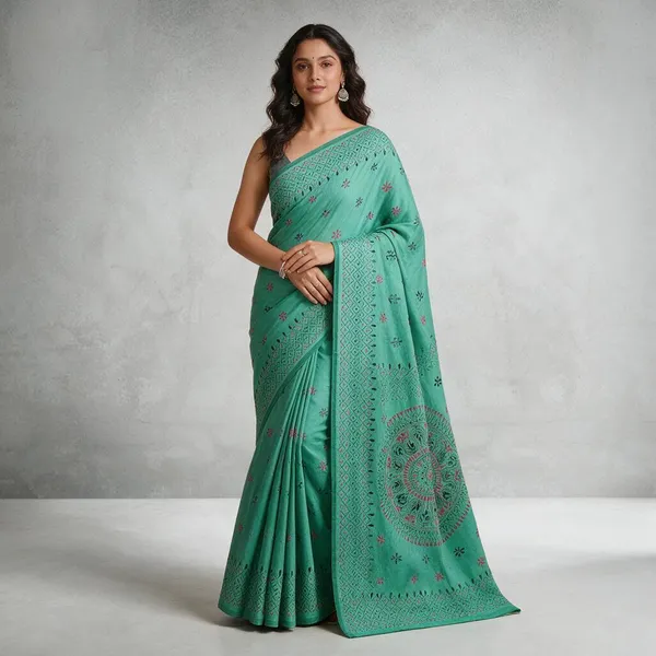 Turquoise_Art_Silk_Kantha_Stitch_Handloom_Saree_With_Blouse_Piece