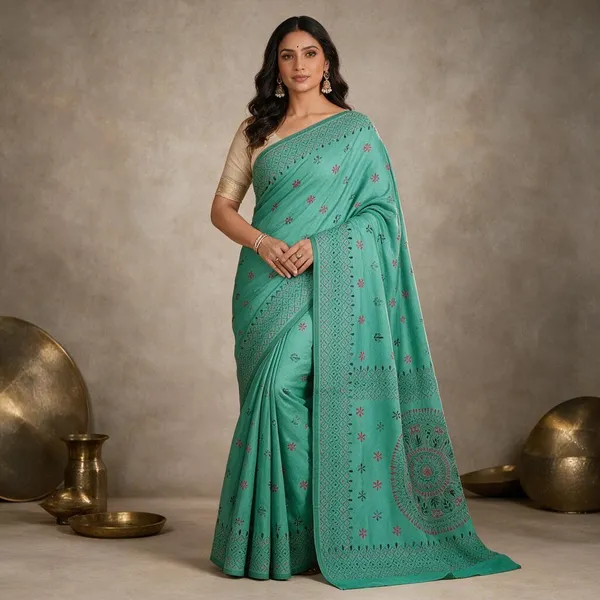 Turquoise_Art_Silk_Kantha_Stitch_Handloom_Saree_With_Blouse_Piece