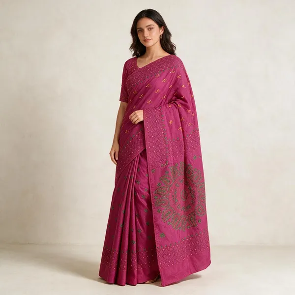 Rani_Pink_Art_Silk_Kantha_Stitch_Handloom_Saree_With_Blouse_Piece