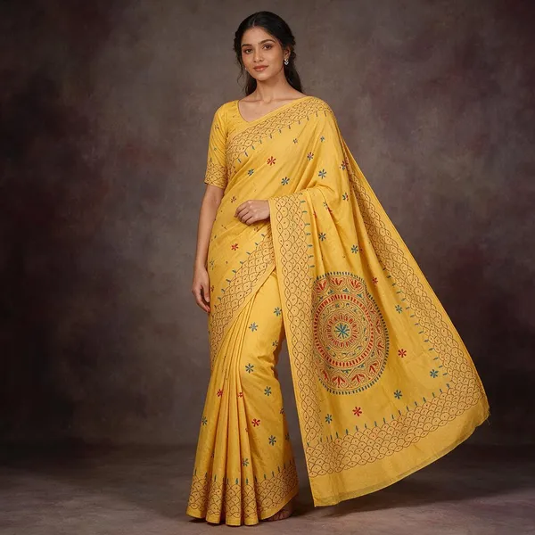 Yellow_Art_Silk_Kantha_Stitch_Handloom_Saree_With_Blouse_Piece