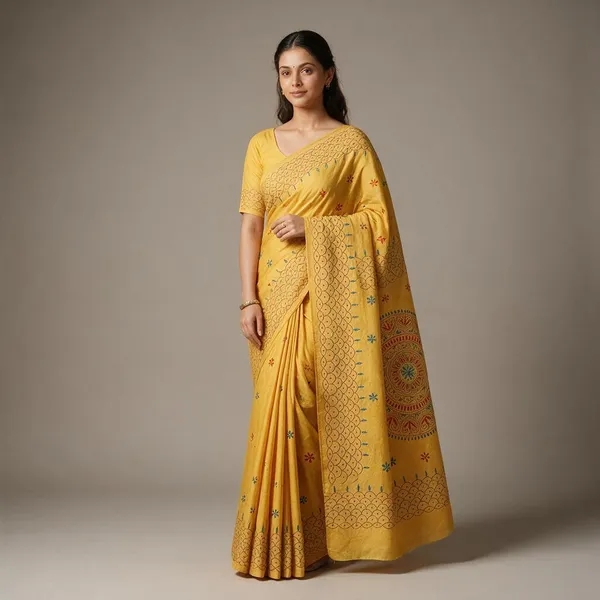 Yellow_Art_Silk_Kantha_Stitch_Handloom_Saree_With_Blouse_Piece