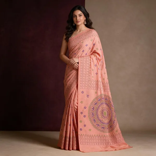 Peach_Art_Silk_Kantha_Stitch_Handloom_Saree_With_Blouse_Piece