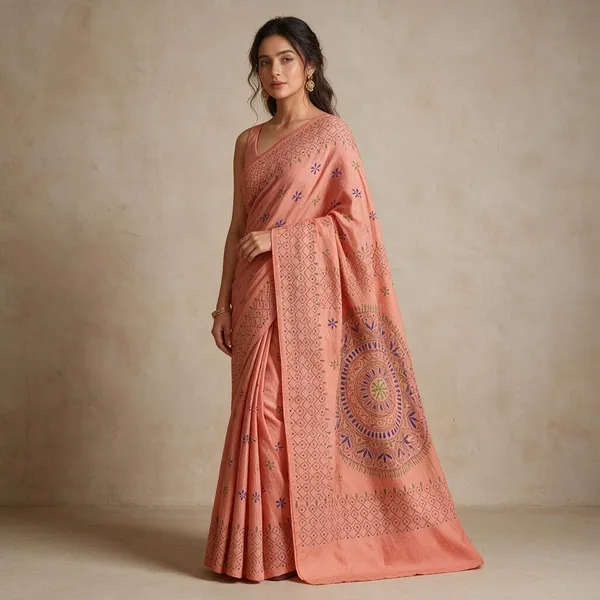 Peach_Art_Silk_Kantha_Stitch_Handloom_Saree_With_Blouse_Piece