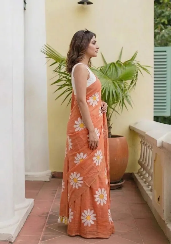 Orange_Flower_Print_Mul_Cotton_Saree