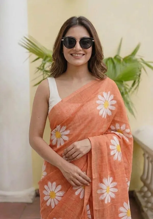 Orange_Flower_Print_Mul_Cotton_Saree