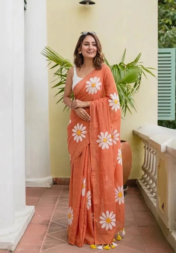 Orange_Flower_Print_Mul_Cotton_Saree