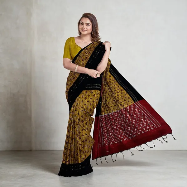 Grey_Printed_Cotton_Silk_Ikat_Saree_With_Blouse_For_Women