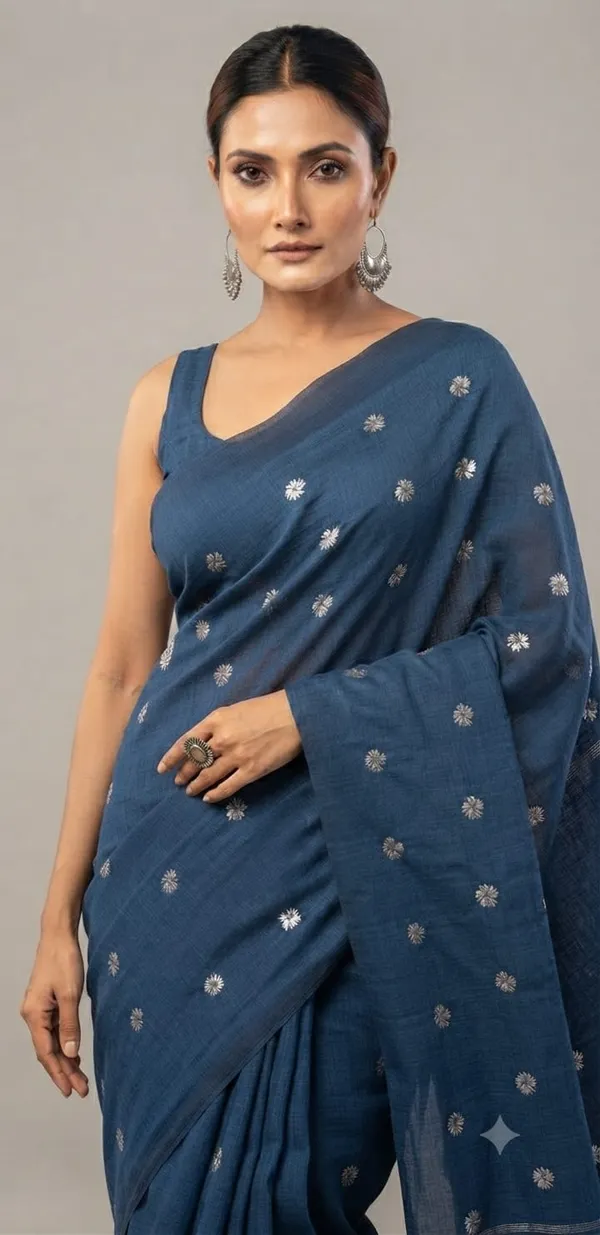 Dark_Blue_Shiuli_Embroidery_Cotton_Saree