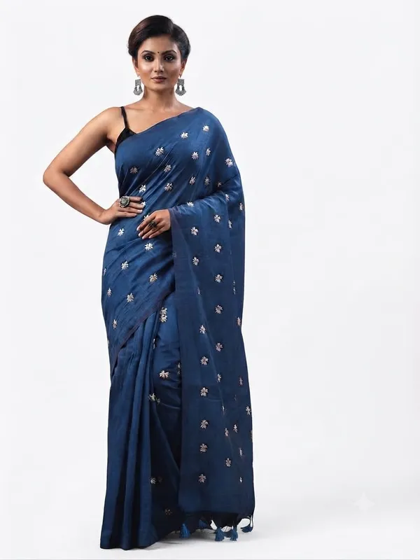 Dark_Blue_Shiuli_Embroidery_Cotton_Saree