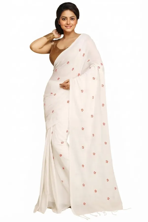 White_Shiuli_Embroidery_Cotton_Saree