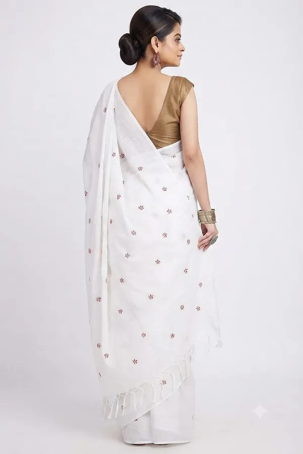 White_Shiuli_Embroidery_Cotton_Saree