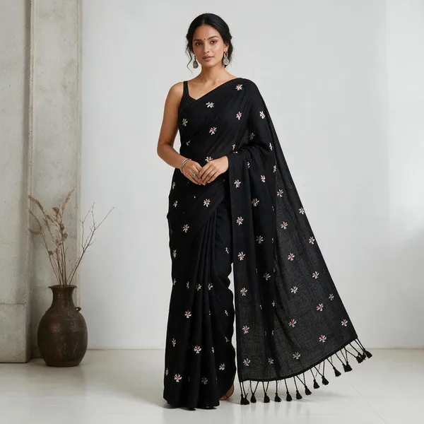 Black_Cotton_Embroidery_Full_Body_Shiuli_Design_Handloom_Saree