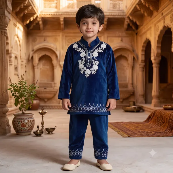Blue_Velvet_Embroidered_Kurti_Set_For_Kids